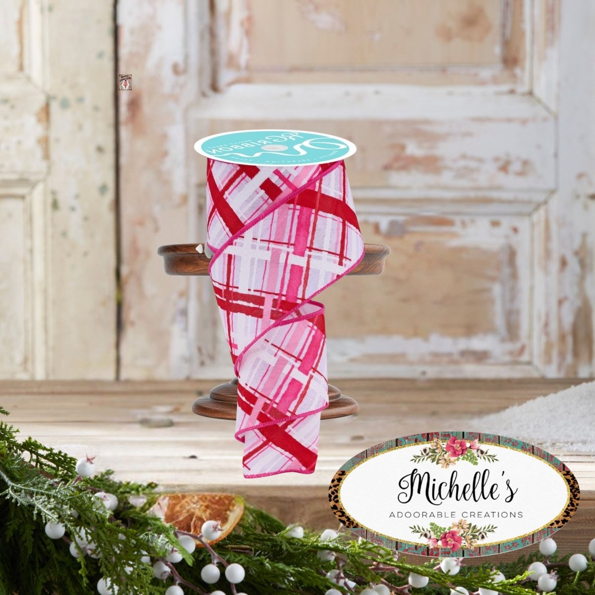 Shop For 2.5in Diagonal Multi Width Plaid Ribbon: White/Pink/Red