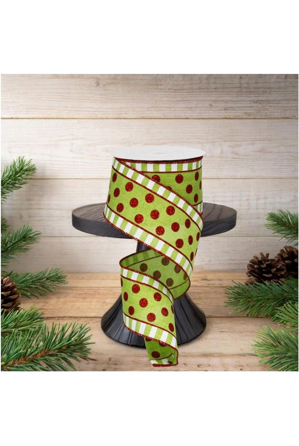2.5in Dots & Stripes Glitter Ribbon: Lime Green, White, Red (10 Yards)