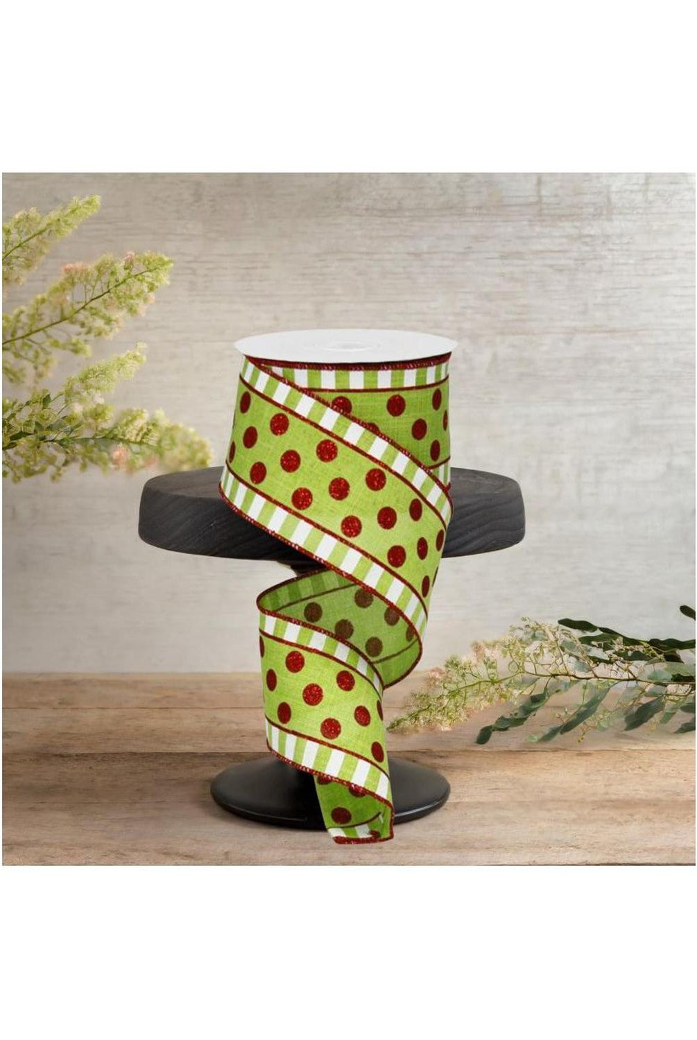 2.5in Dots & Stripes Glitter Ribbon: Lime Green, White, Red (10 Yards)