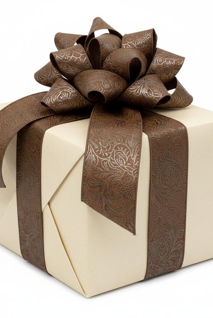 2.5-inch brown wired ribbon with embossed floral pattern tied in a decorative bow on a cream gift box.