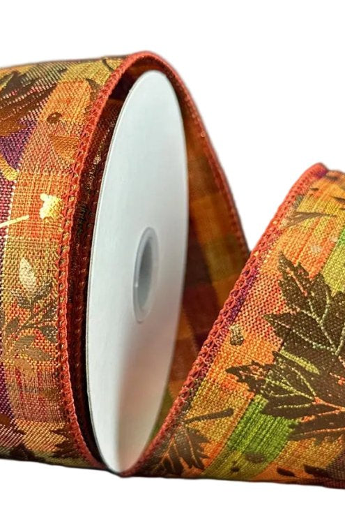Shop For 2.5in Fall Plaid with Gold Metallic Leaves Ribbon (10 Yards)
