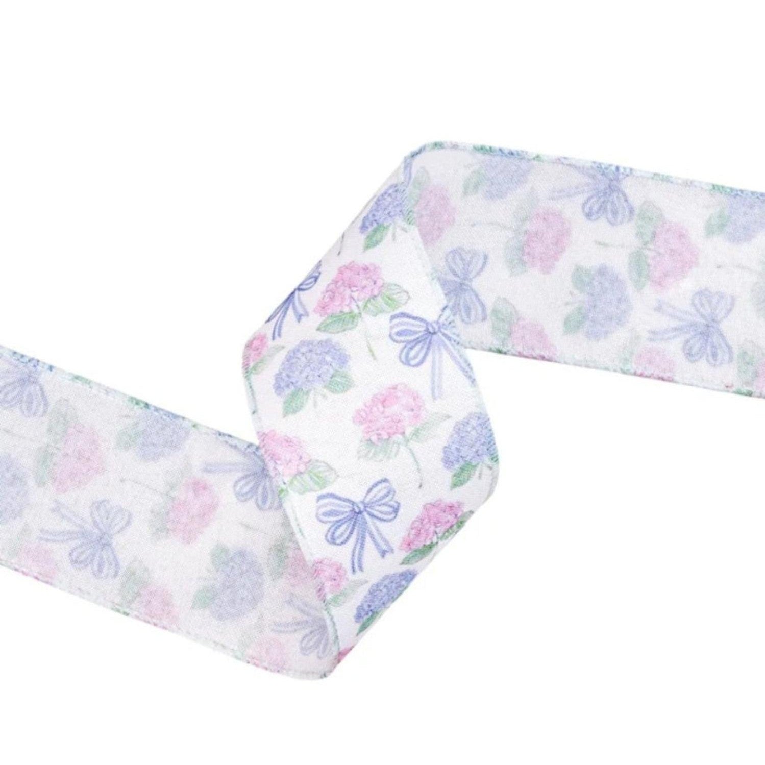 2.5in Florals and Bow Ribbon: Blue/White (10 Yards)