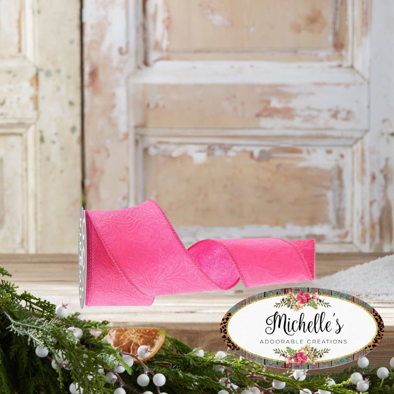 Shop For 2.5in Flower Embossed Ribbon: Hot Pink (10 Yards)