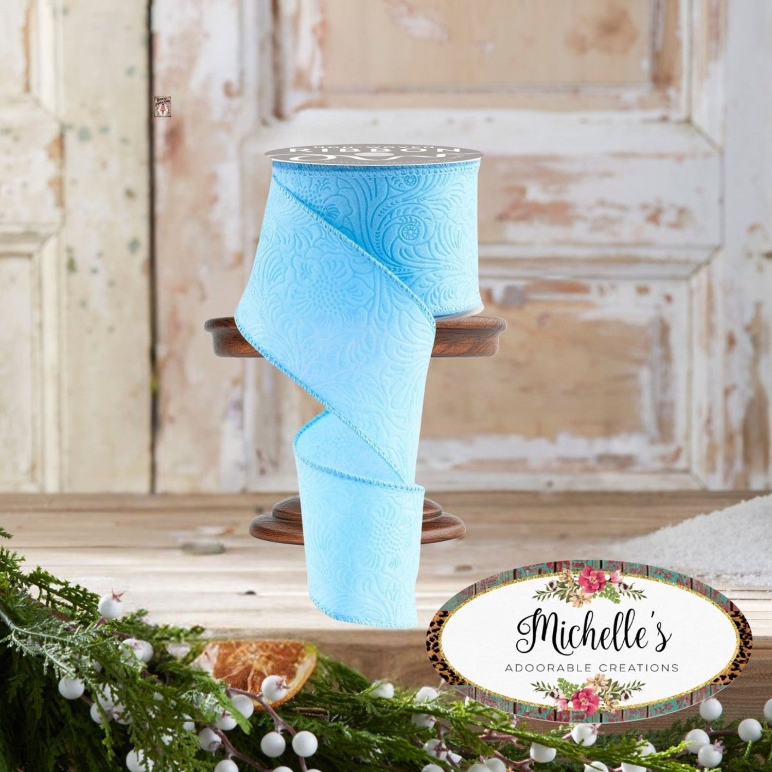 Shop For 2.5in Flower Embossed Ribbon: Light Blue (10 Yards)