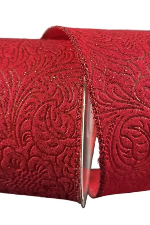 Shop For 2.5in Glitter Flower Embossed Ribbon: Red (10 Yards)