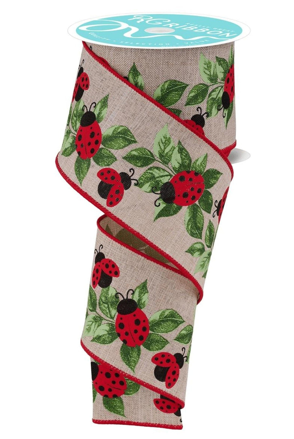 2.5in Ladybug and Leaves Ribbon: Natural (10 Yards)