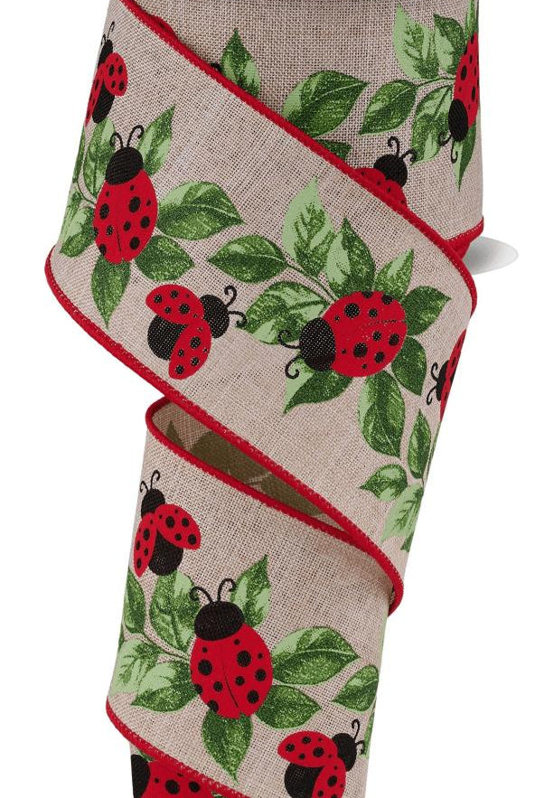 Shop For 2.5in Ladybug and Leaves Ribbon: Natural (10 Yards)