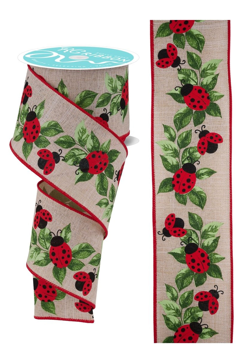 Shop For 2.5in Ladybug and Leaves Ribbon: Natural (10 Yards)
