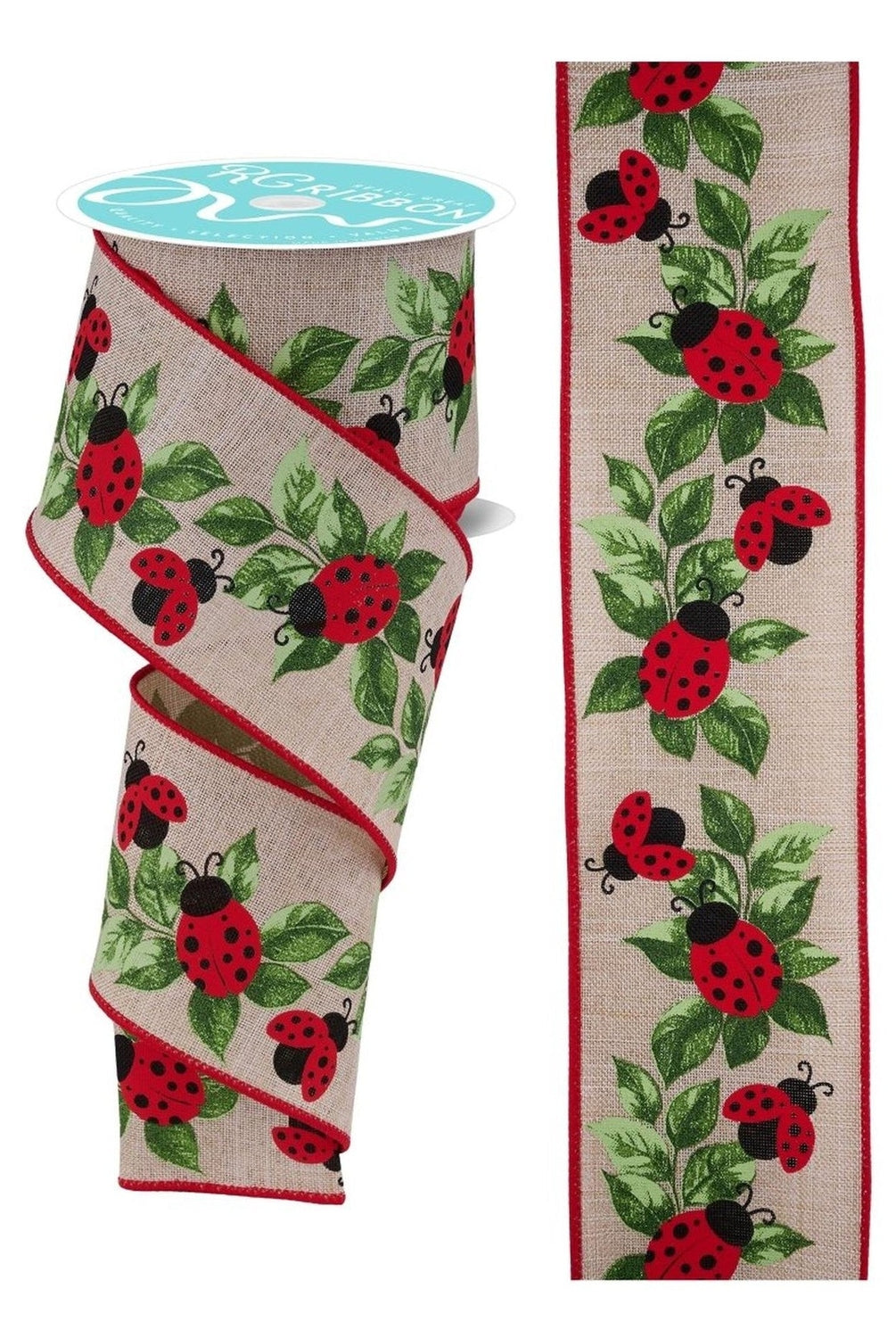 2.5in Ladybug and Leaves Ribbon: Natural (10 Yards)