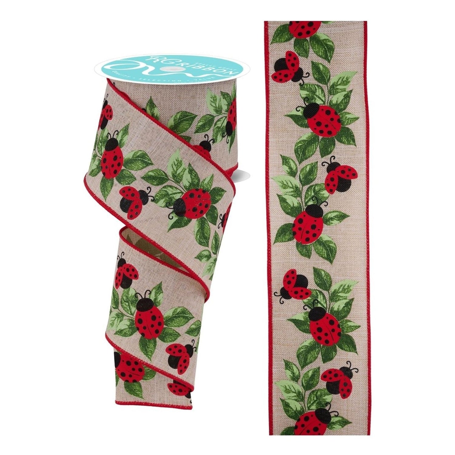 2.5in Ladybug and Leaves Ribbon: Natural (10 Yards)