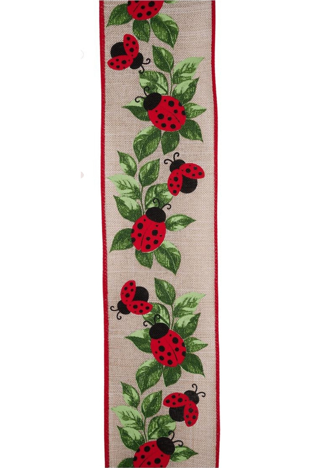2.5in Ladybug and Leaves Ribbon: Natural (10 Yards)