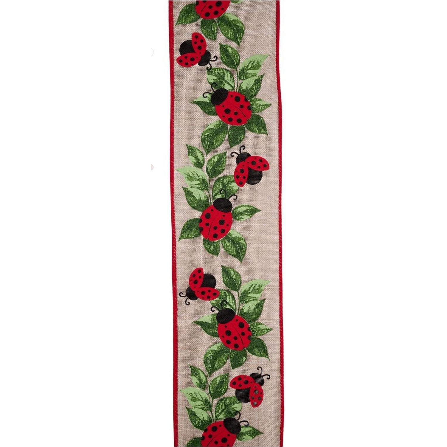2.5in Ladybug and Leaves Ribbon: Natural (10 Yards)