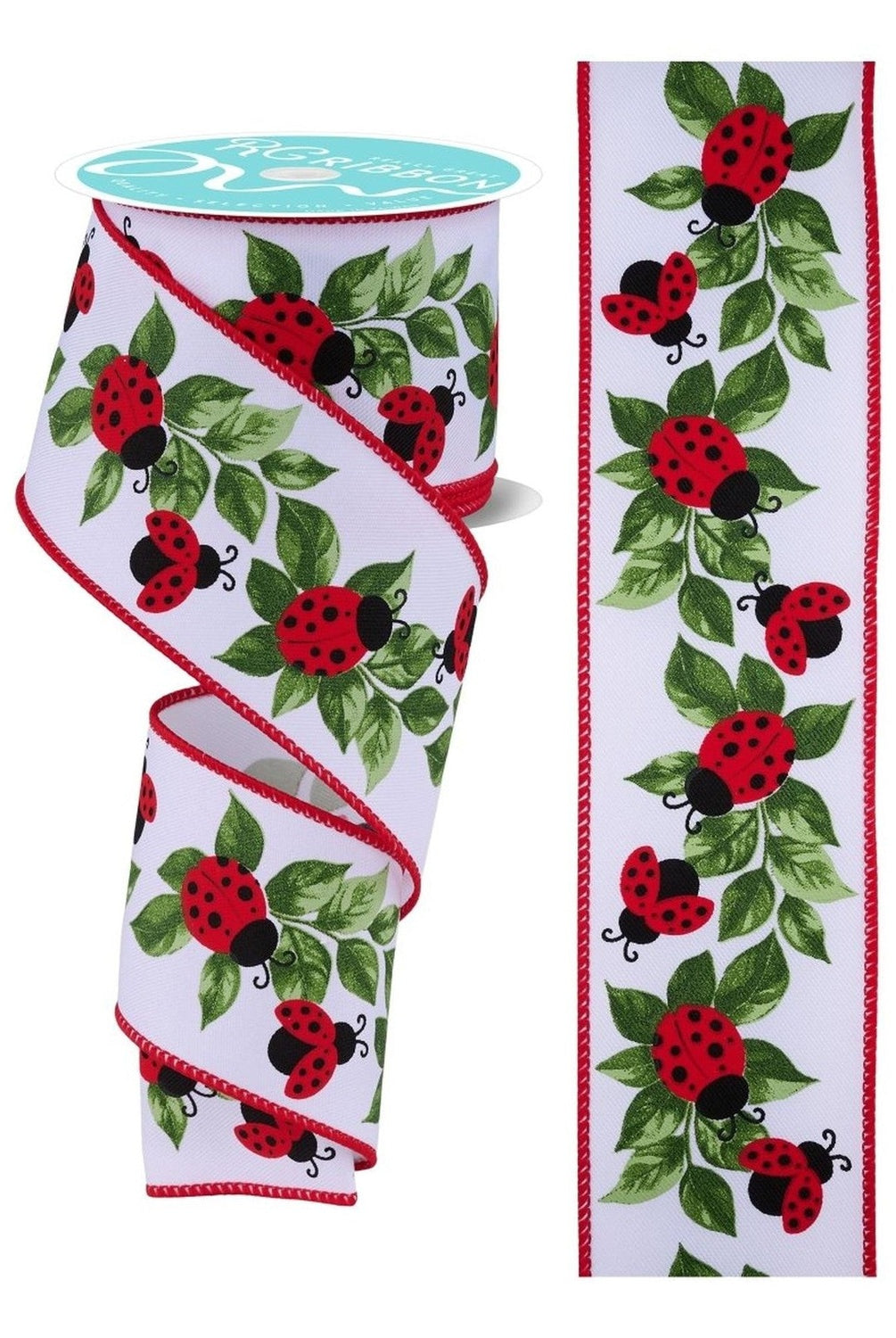 2.5in Ladybug and Leaves Ribbon: White (10 Yards)