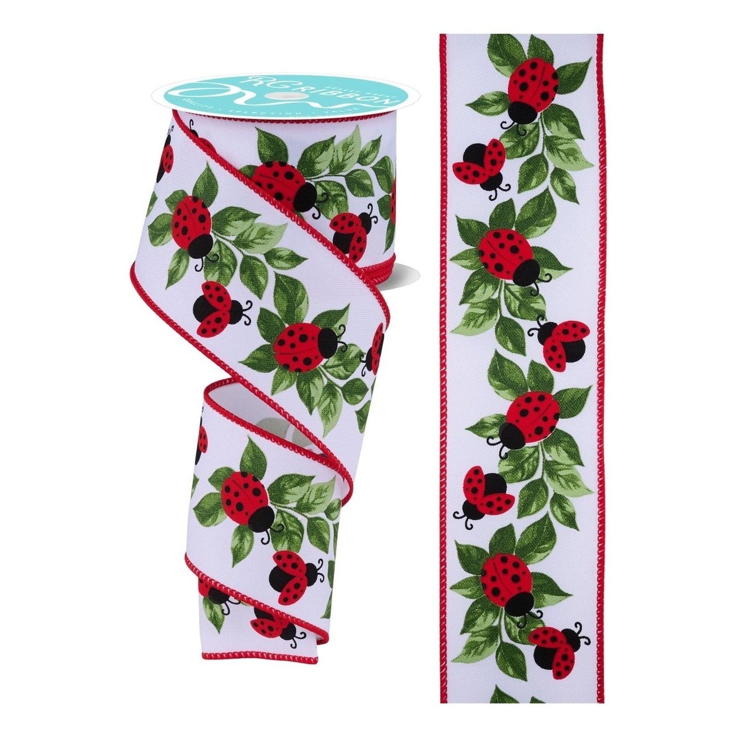 2.5in Ladybug and Leaves Ribbon: White (10 Yards)