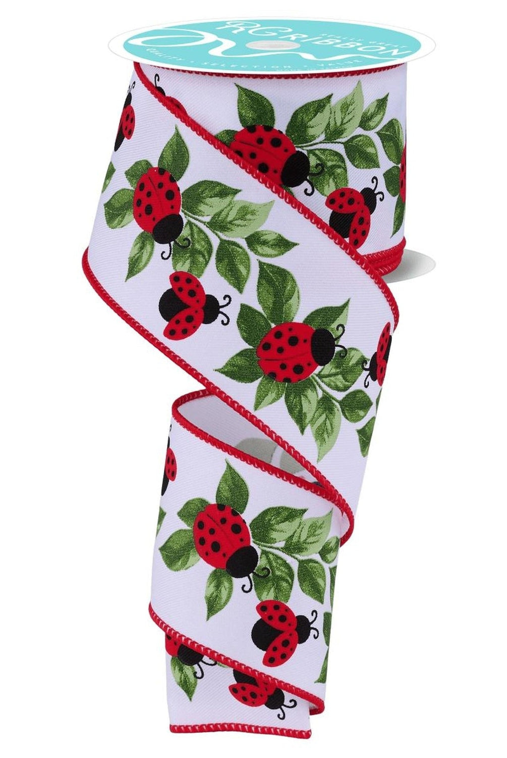 2.5in Ladybug and Leaves Ribbon: White (10 Yards)