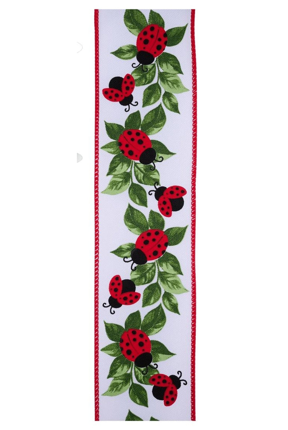 2.5in Ladybug and Leaves Ribbon: White (10 Yards)