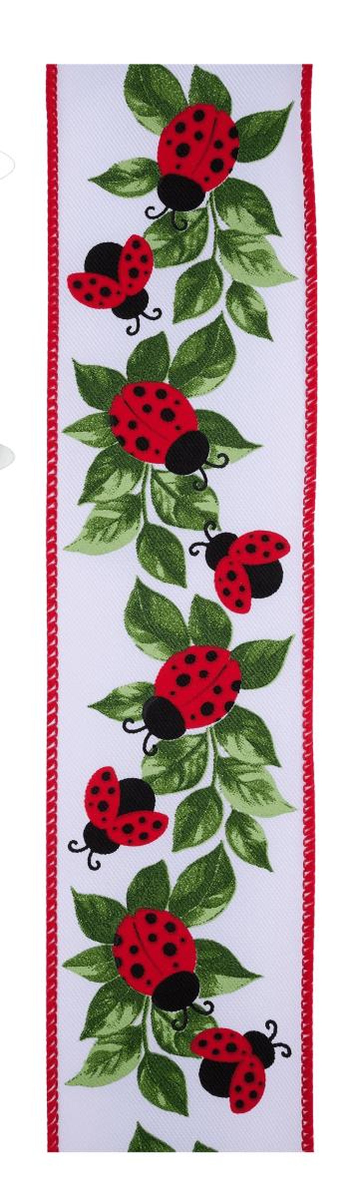 2.5in Ladybug and Leaves Ribbon: White (10 Yards)