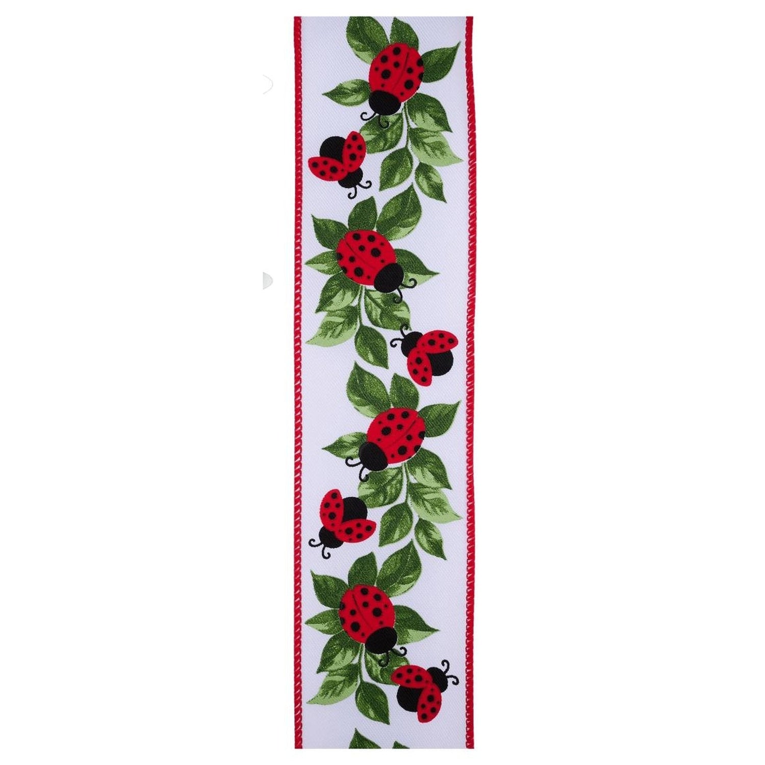 2.5in Ladybug and Leaves Ribbon: White (10 Yards)