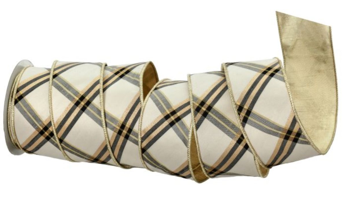 Shop For 2.5in Plaid Dupion Stripe Ribbon: Beige/Black (10 Yards)