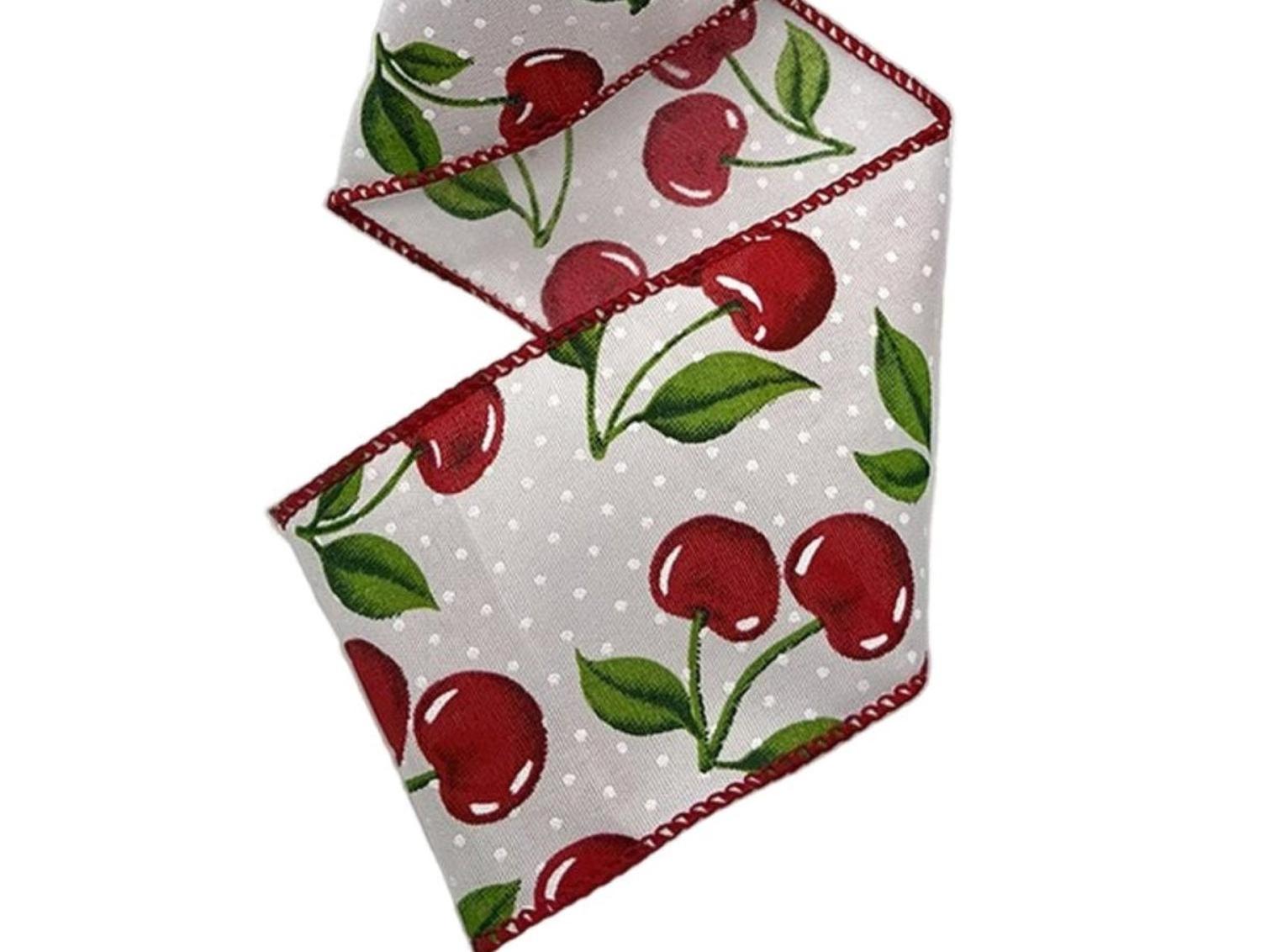 2.5in Poplin Cherries Ribbon: White (10 Yards)