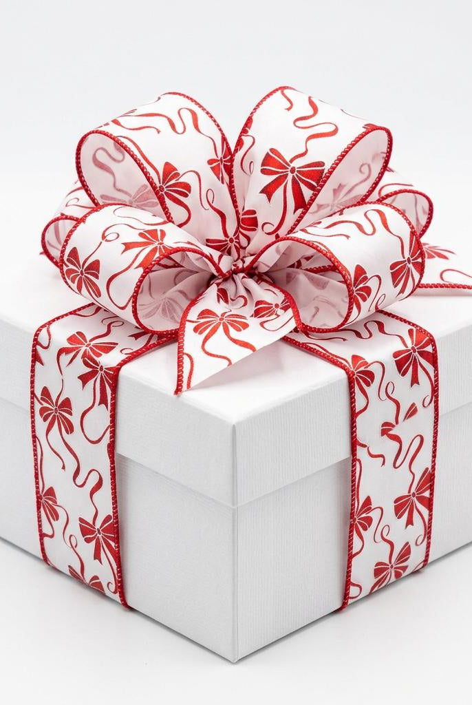 White wired satin ribbon with red bow pattern on gift box