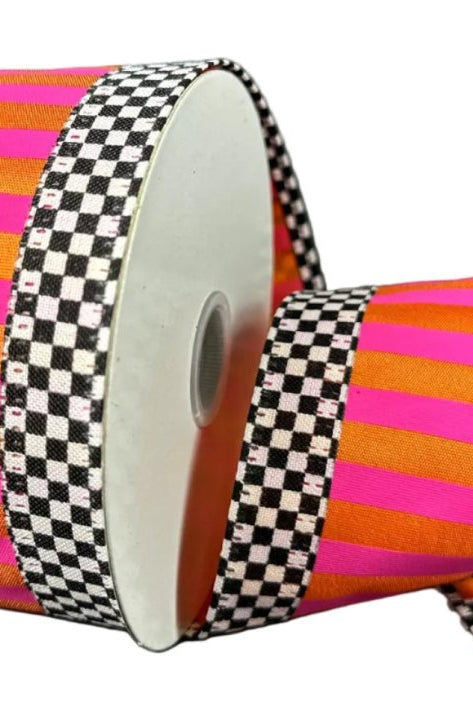 Shop For 2.5in Stripe with Check Edge Ribbon: Orange & Fuchsia (10 Yards)