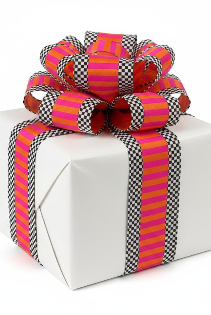 2.5-inch wired ribbon with orange and fuchsia stripes and black and white check edges on a gift box.