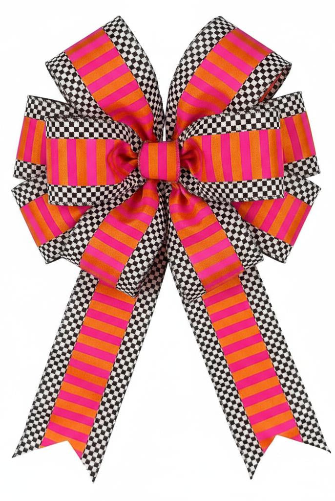 2.5-inch wired ribbon bow with orange and fuchsia stripes and black and white checkered edges.
