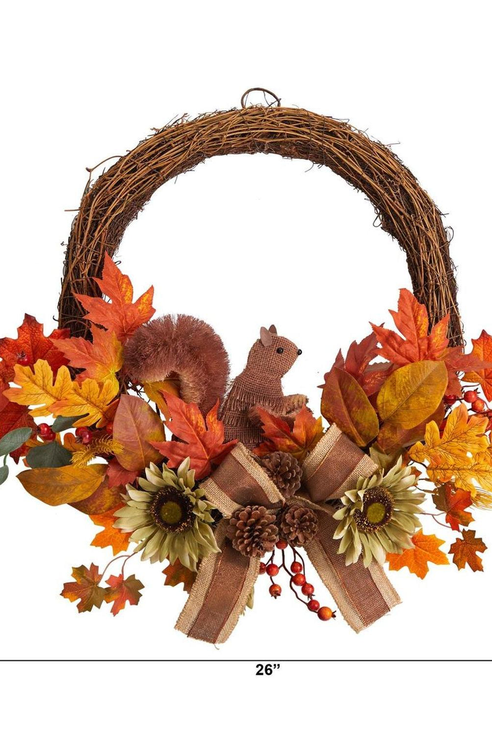 26” Fall Harvest Artificial Autumn Wreath with Twig Base and Squirrel