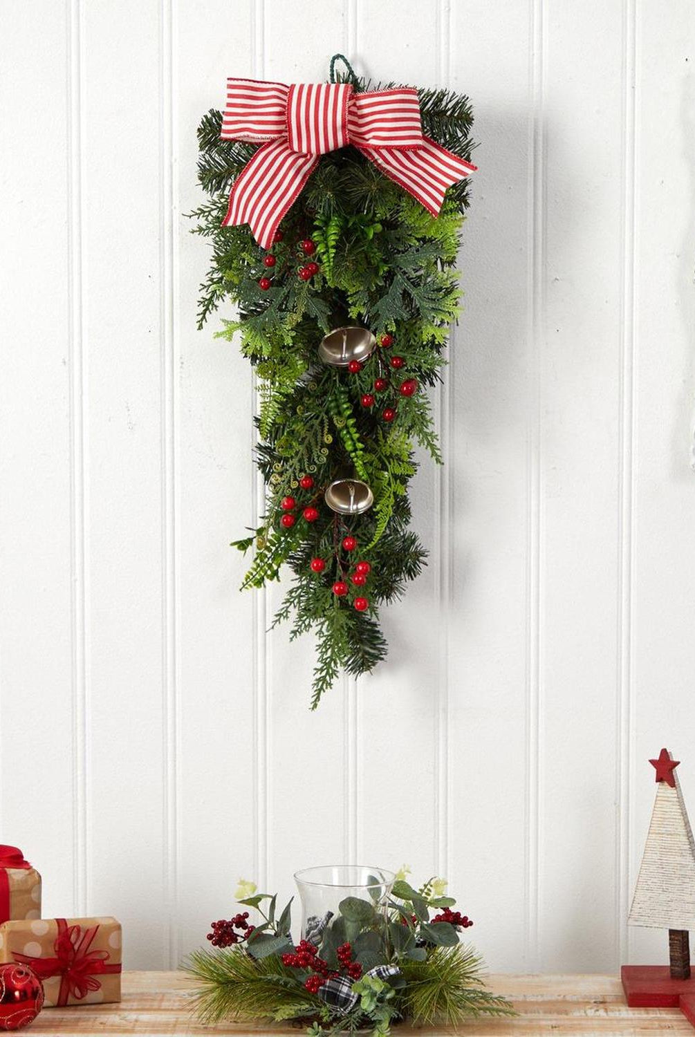 26" Holiday Christmas Bells and Bow Artificial Swag"