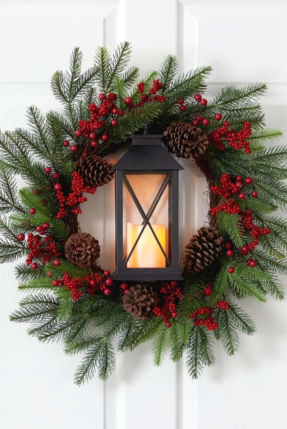 28” Berries and Pine Artificial Christmas Wreath with Lantern and Included LED Candle