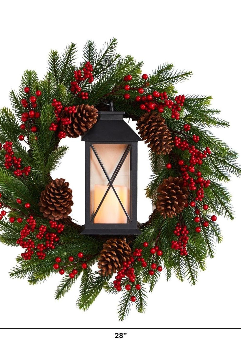 28” Berries and Pine Artificial Christmas Wreath with Lantern and Included LED Candle