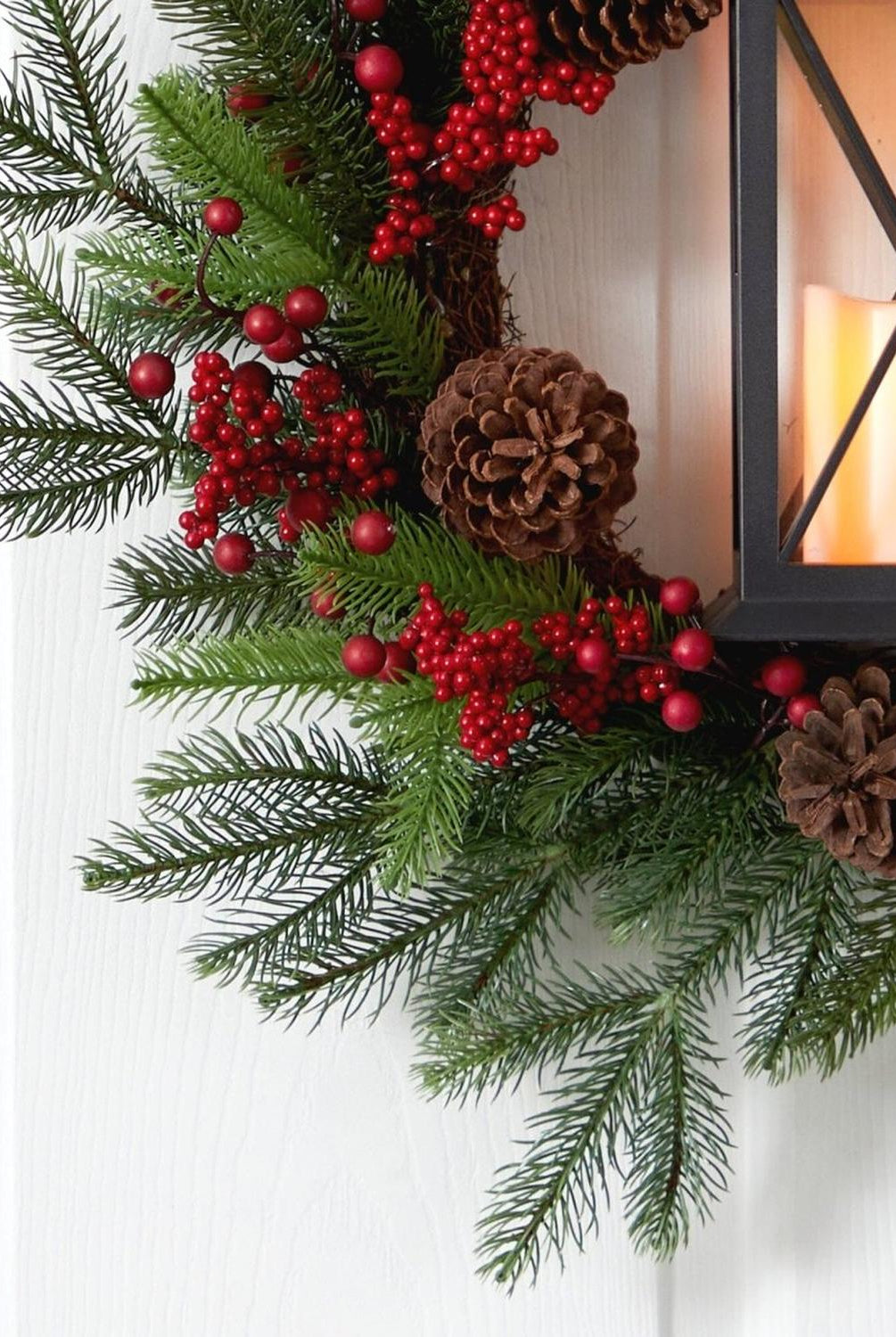 28” Berries and Pine Artificial Christmas Wreath with Lantern and Included LED Candle