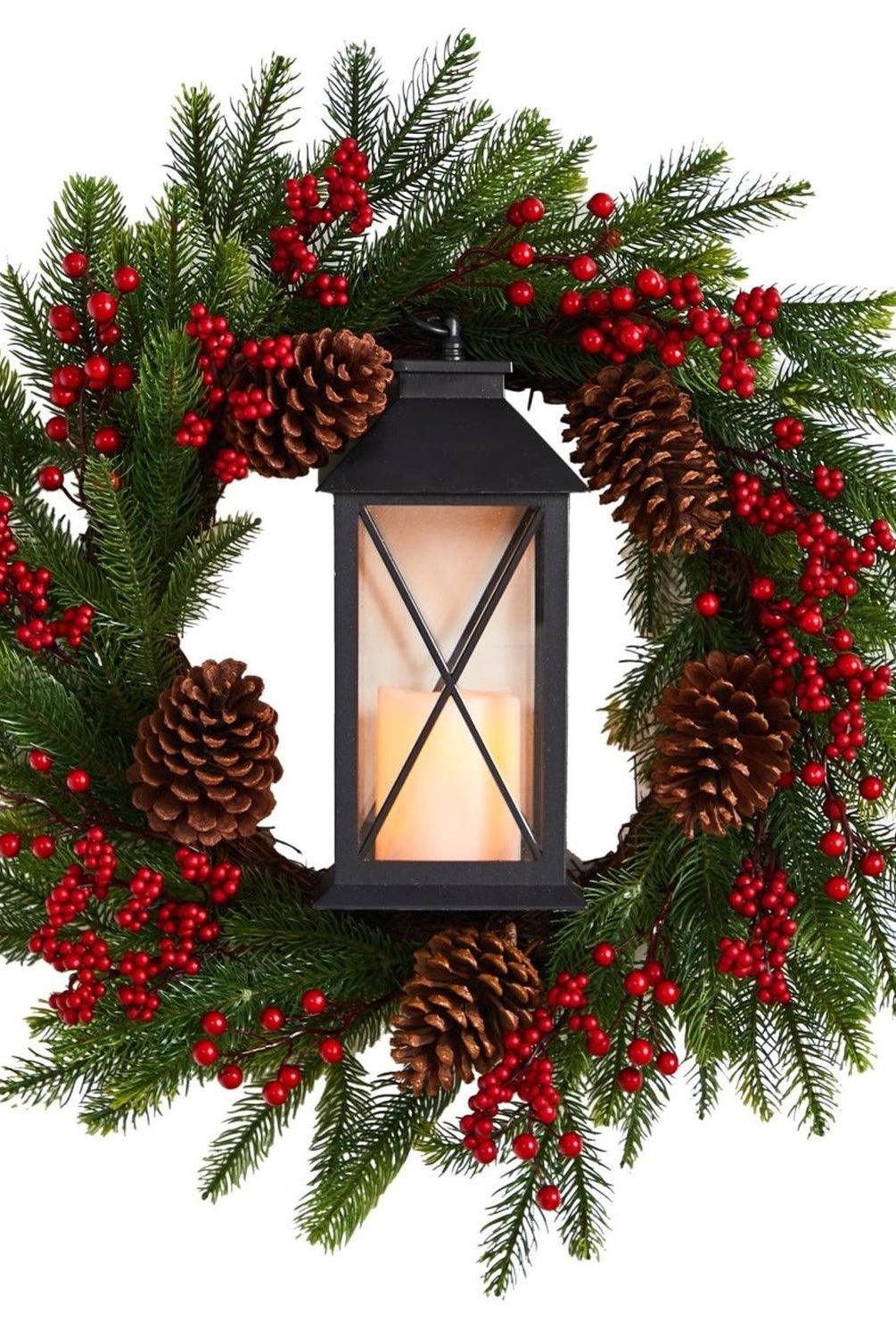 28” Berries and Pine Artificial Christmas Wreath with Lantern and Included LED Candle