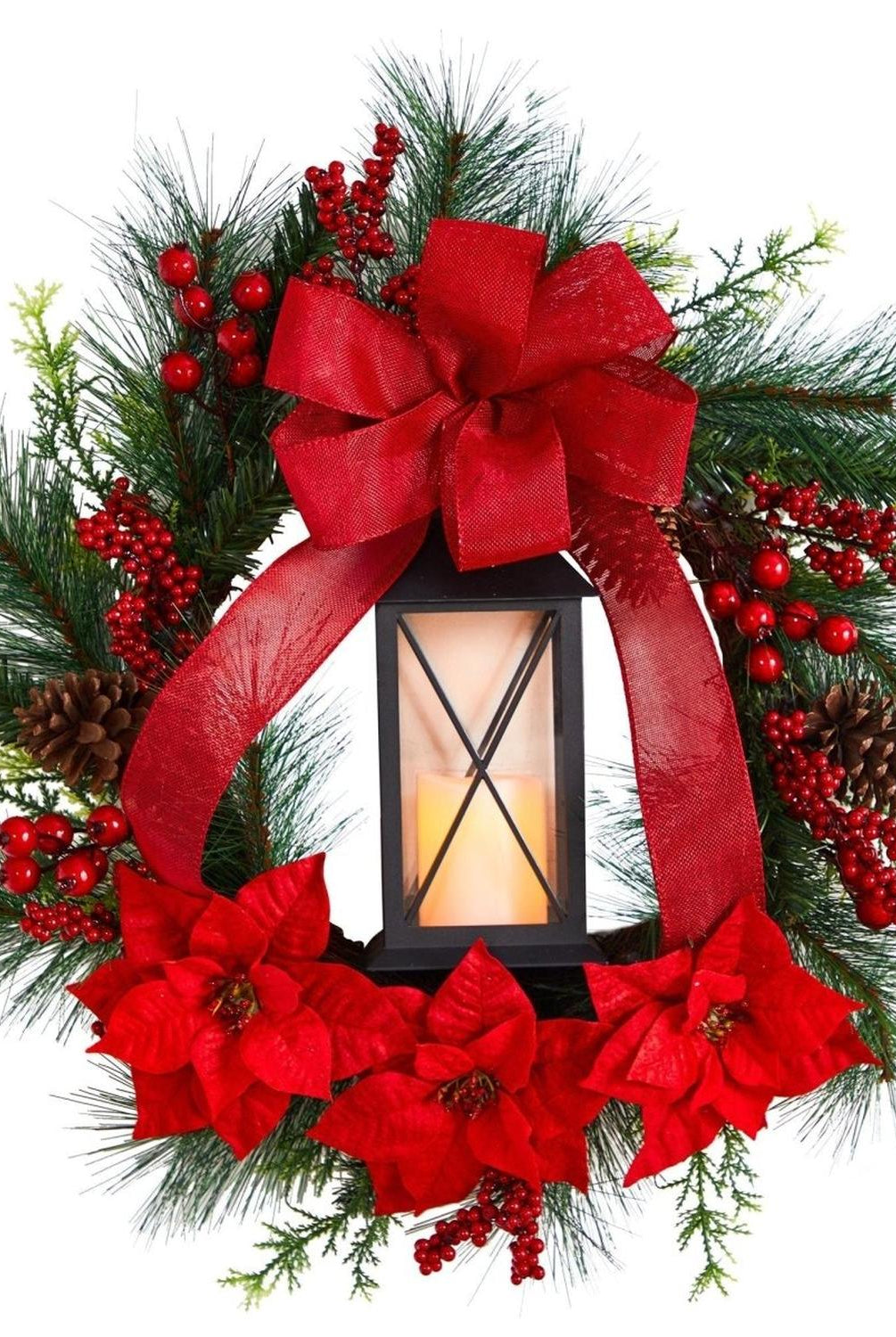 28” Poinsettia and Berry Holiday Lantern Christmas Wreath with LED Candle