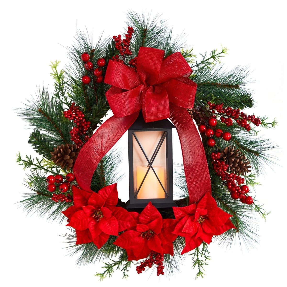 Shop For 28” Poinsettia and Berry Holiday Lantern Christmas Wreath