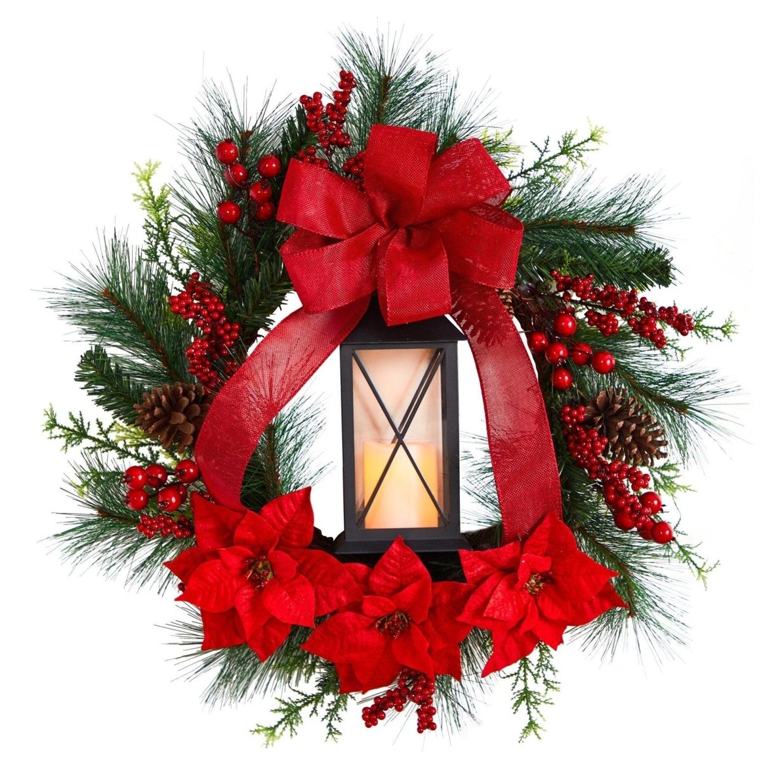 Shop For 28” Poinsettia and Berry Holiday Lantern Christmas Wreath