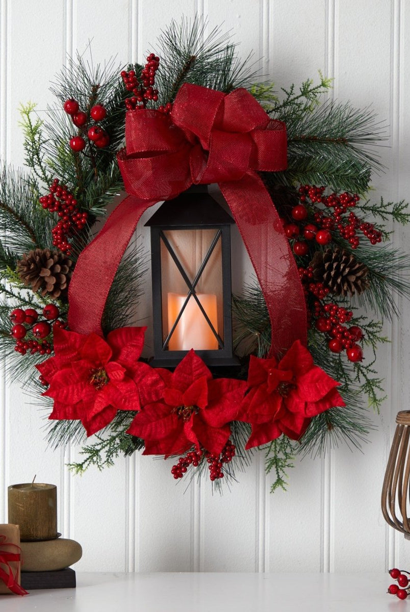 Shop For 28” Poinsettia and Berry Holiday Lantern Christmas Wreath
