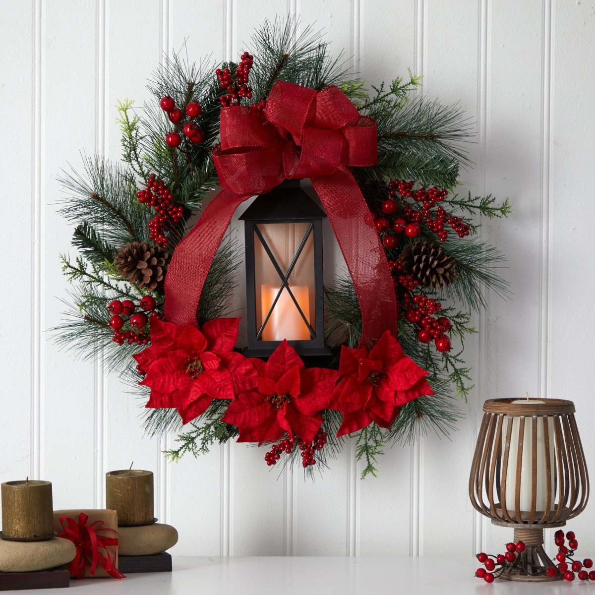 Shop For 28” Poinsettia and Berry Holiday Lantern Christmas Wreath