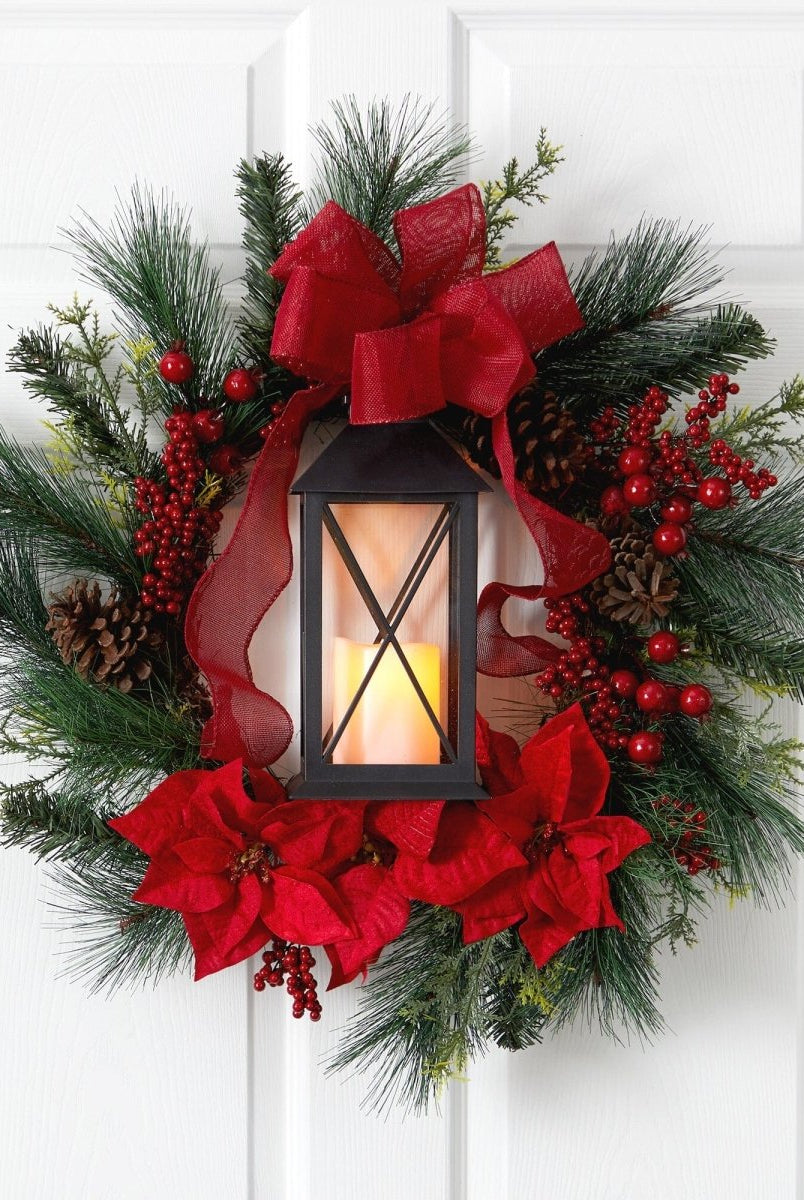 Shop For 28” Poinsettia and Berry Holiday Lantern Christmas Wreath