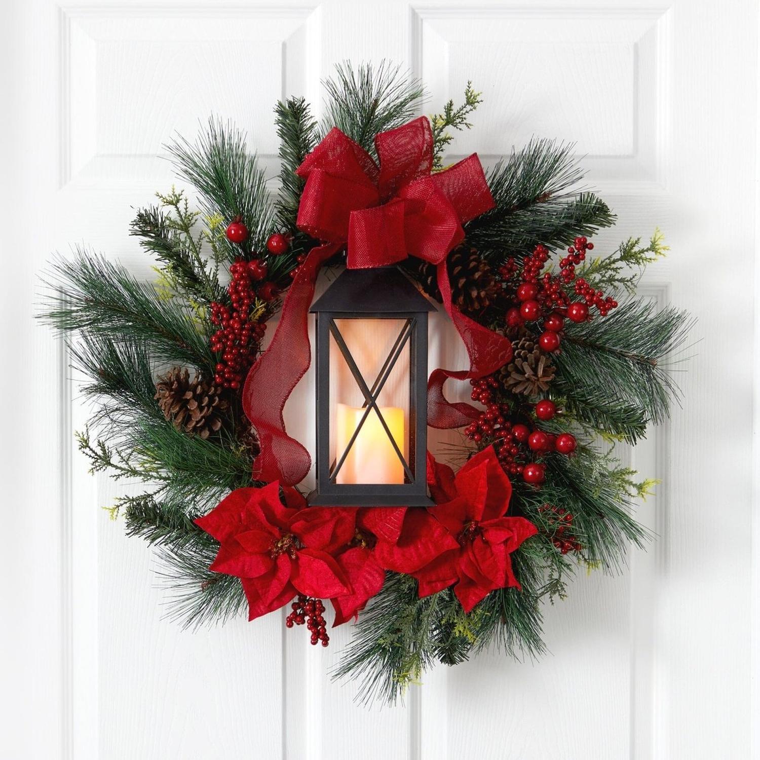Shop For 28” Poinsettia and Berry Holiday Lantern Christmas Wreath