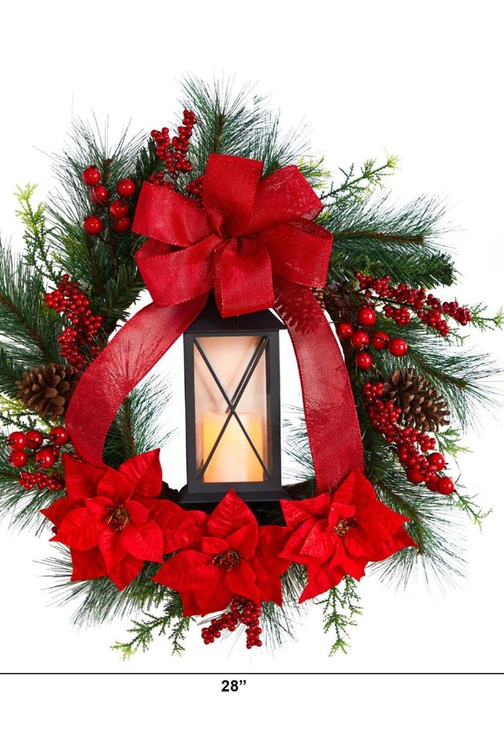28” Poinsettia and Berry Holiday Lantern Christmas Wreath with LED Candle