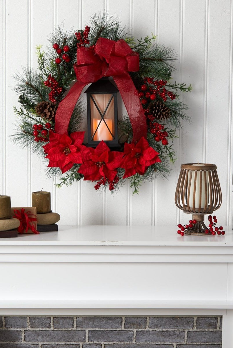 Shop For 28” Poinsettia and Berry Holiday Lantern Christmas Wreath