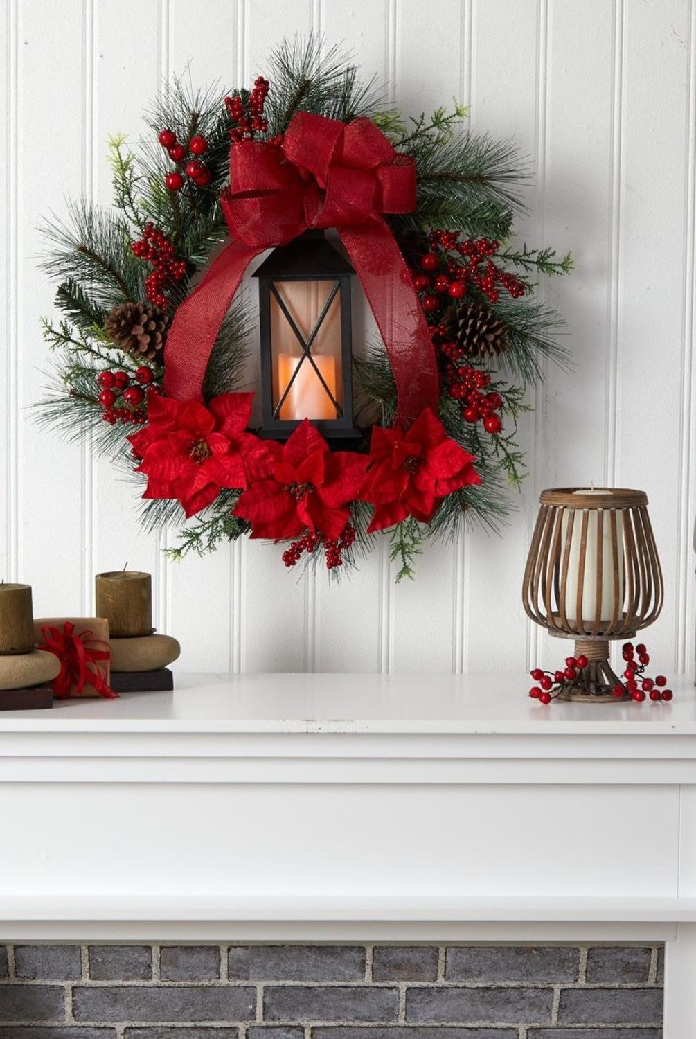 28” Poinsettia and Berry Holiday Lantern Christmas Wreath with LED Candle