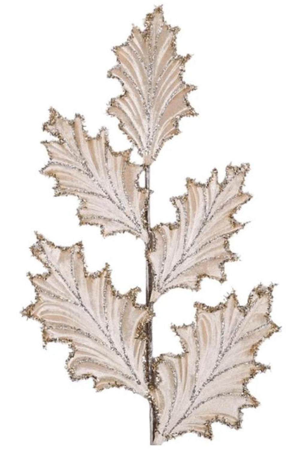 28" Tinsel Holly Leaf Spray: Champagne