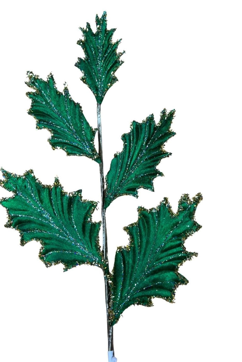 28" Tinsel Holly Leaf Spray: Emerald Green