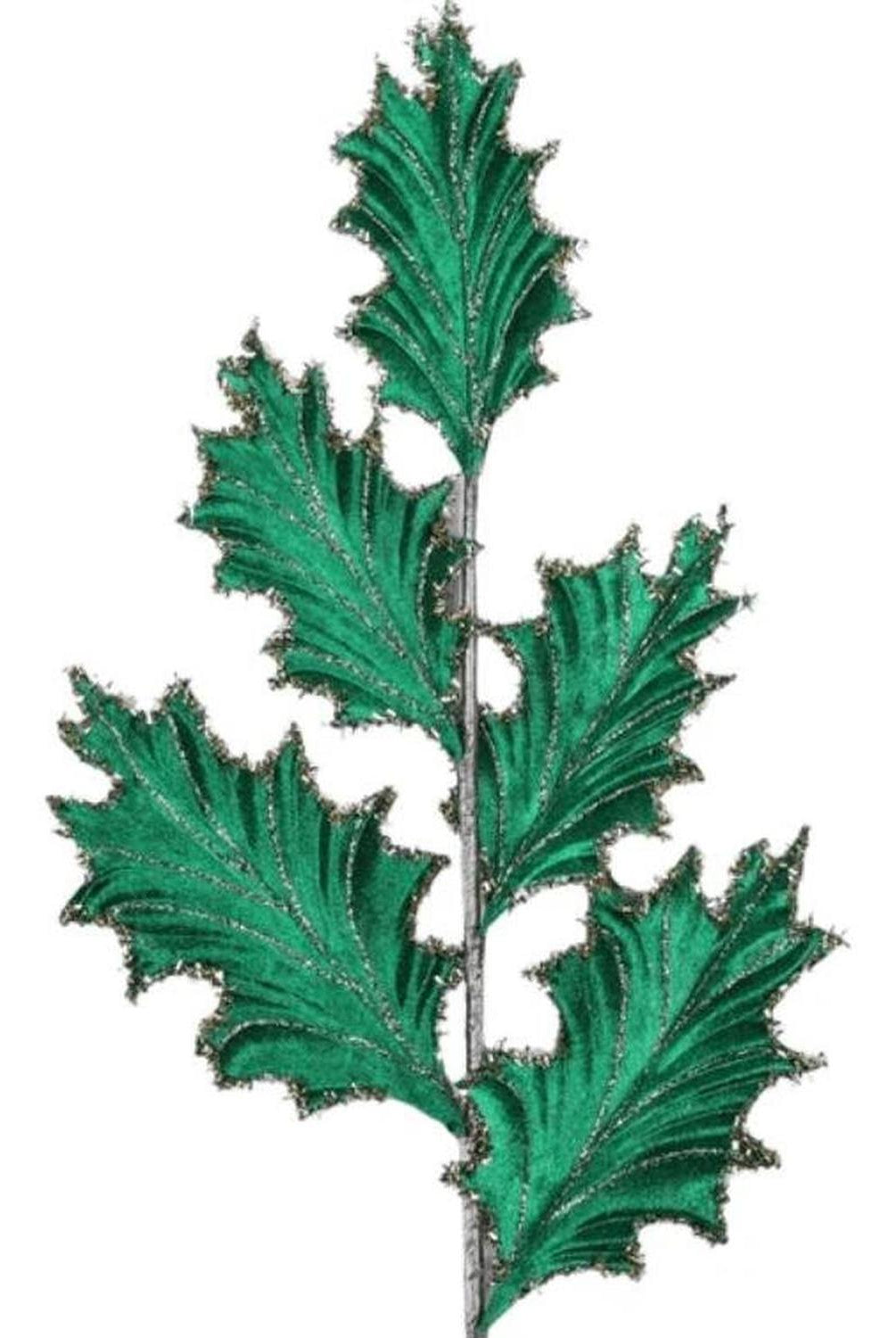 28" Tinsel Holly Leaf Spray: Emerald Green