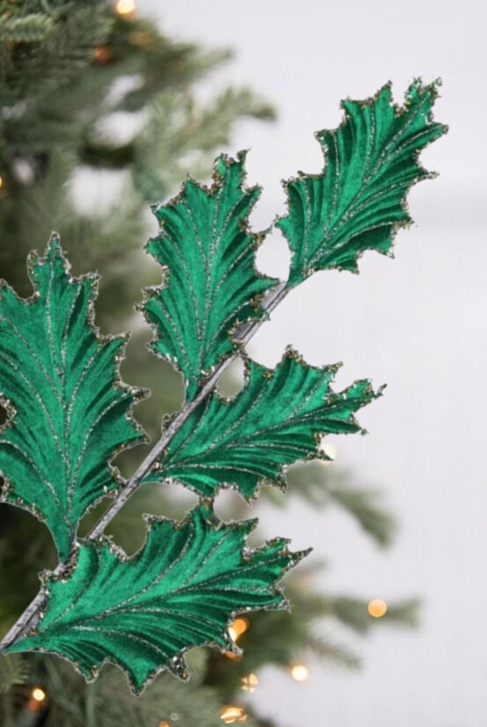 28" Tinsel Holly Leaf Spray: Emerald Green