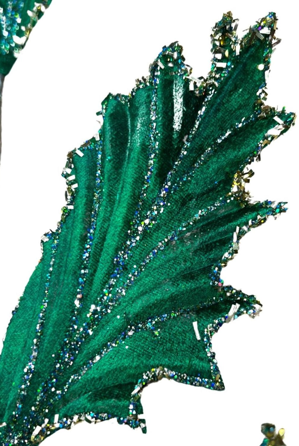 28" Tinsel Holly Leaf Spray: Emerald Green