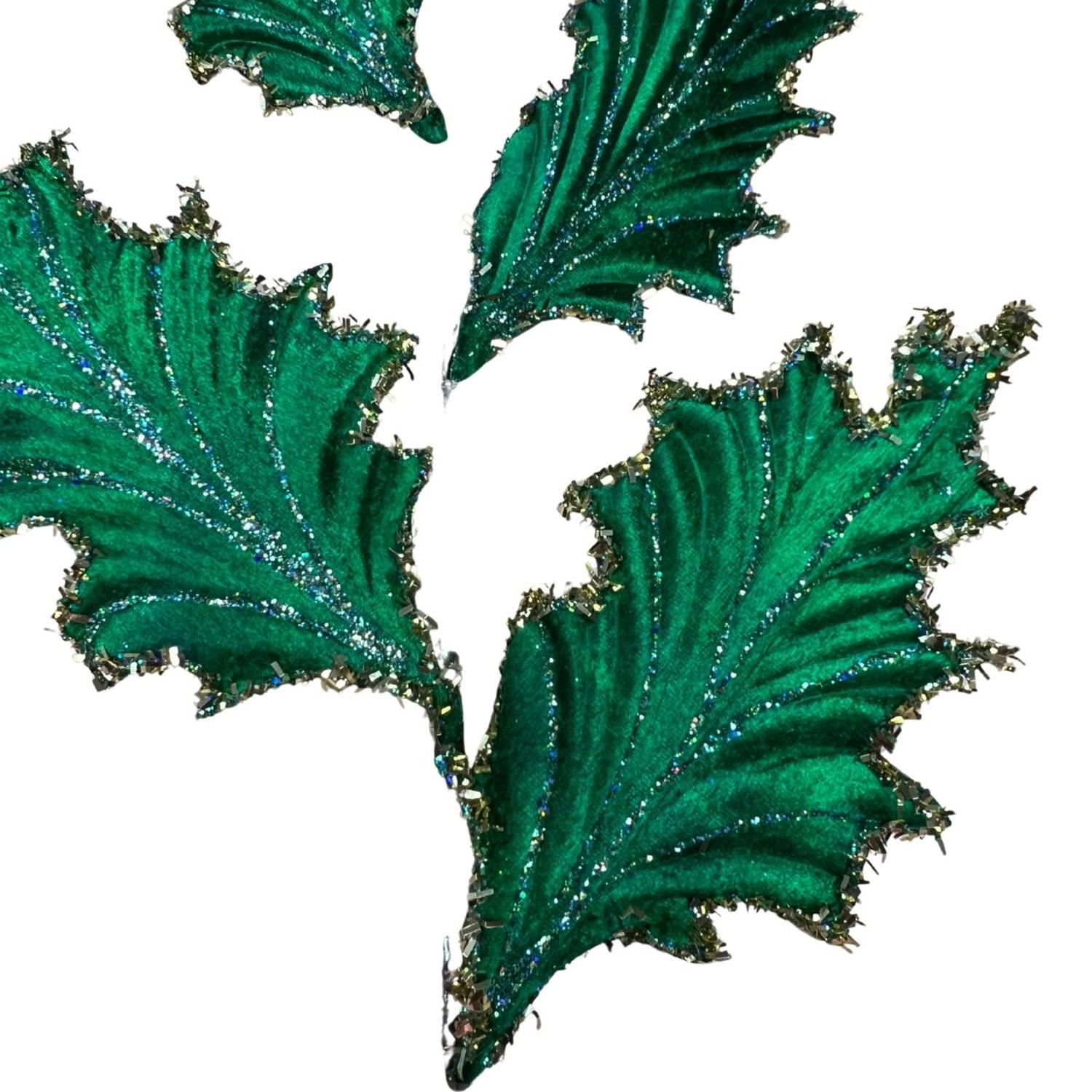 28" Tinsel Holly Leaf Spray: Emerald Green